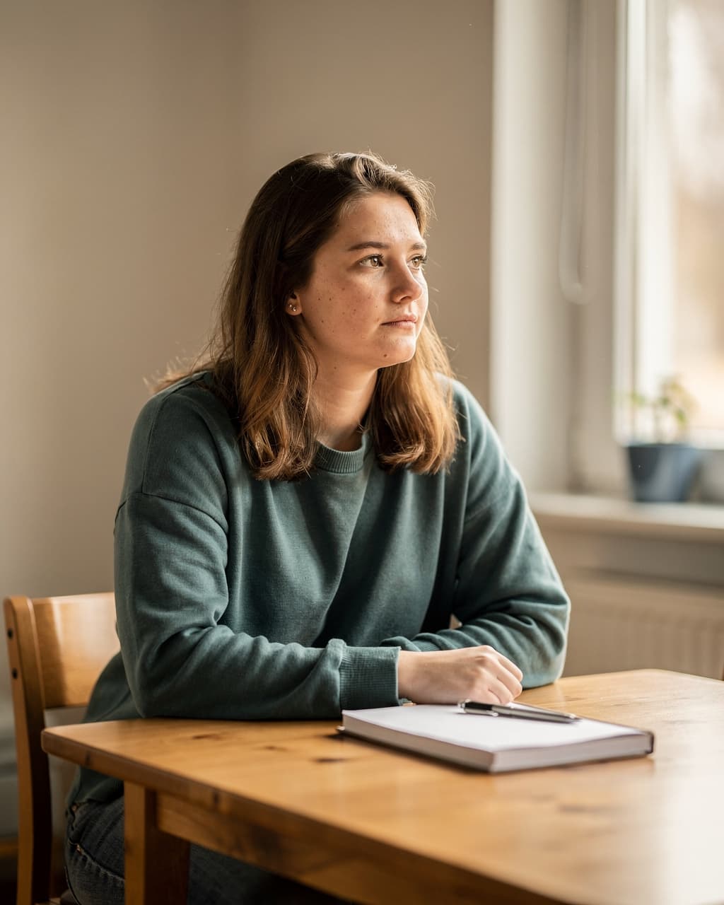 Junge Frau mit Notizbuch am Tisch, Blick zum Fenster