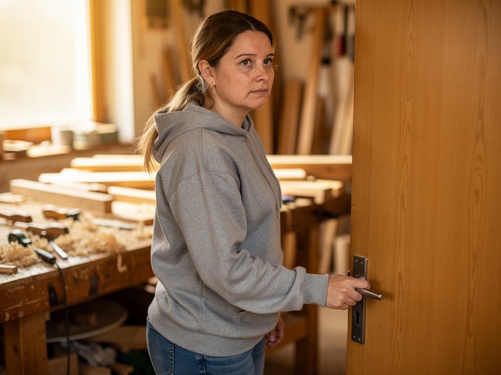 Frau an der Tür einer Tischlerwerkstatt