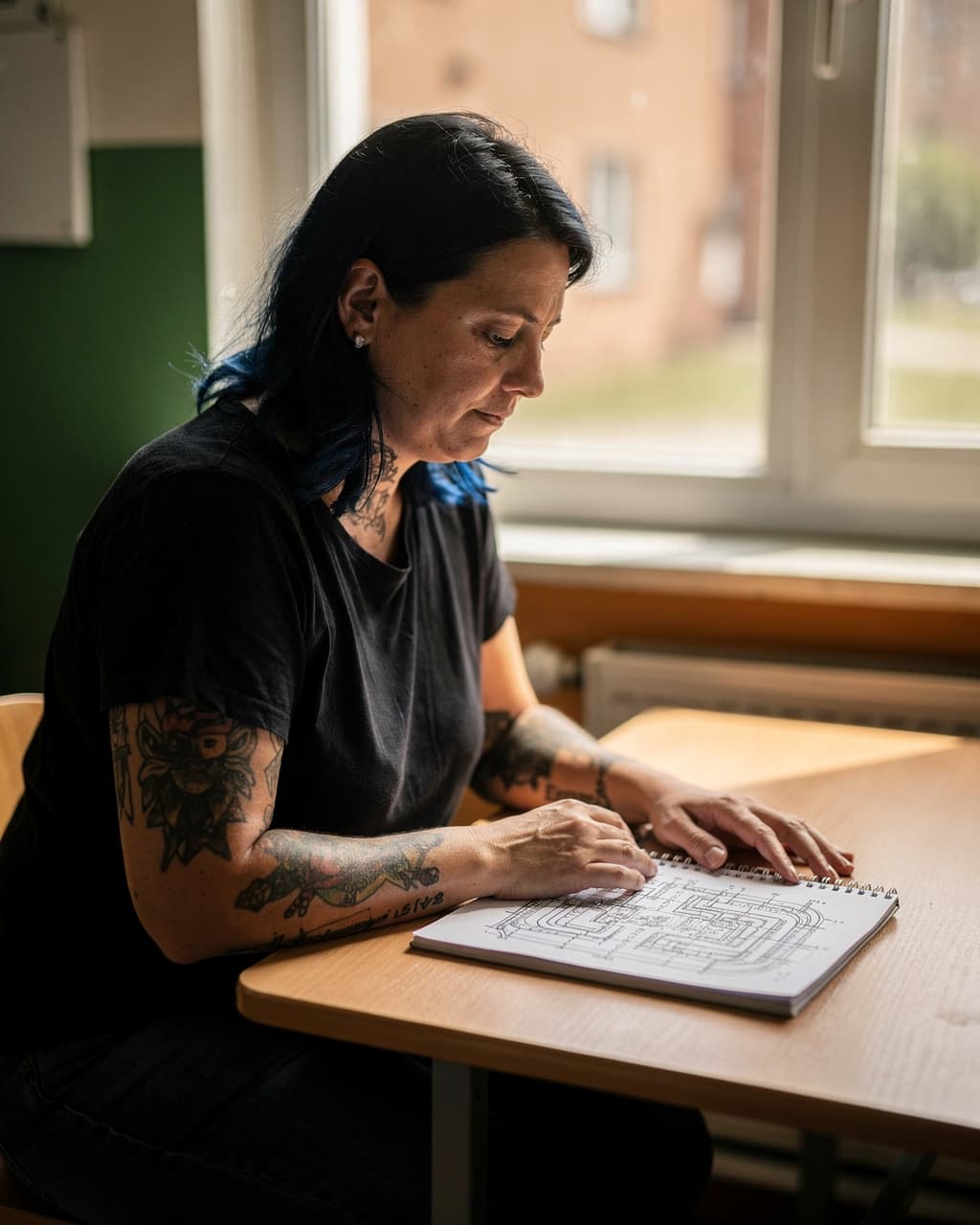 Frau arbeitet an einer technischen Skizze in einem Notizblock