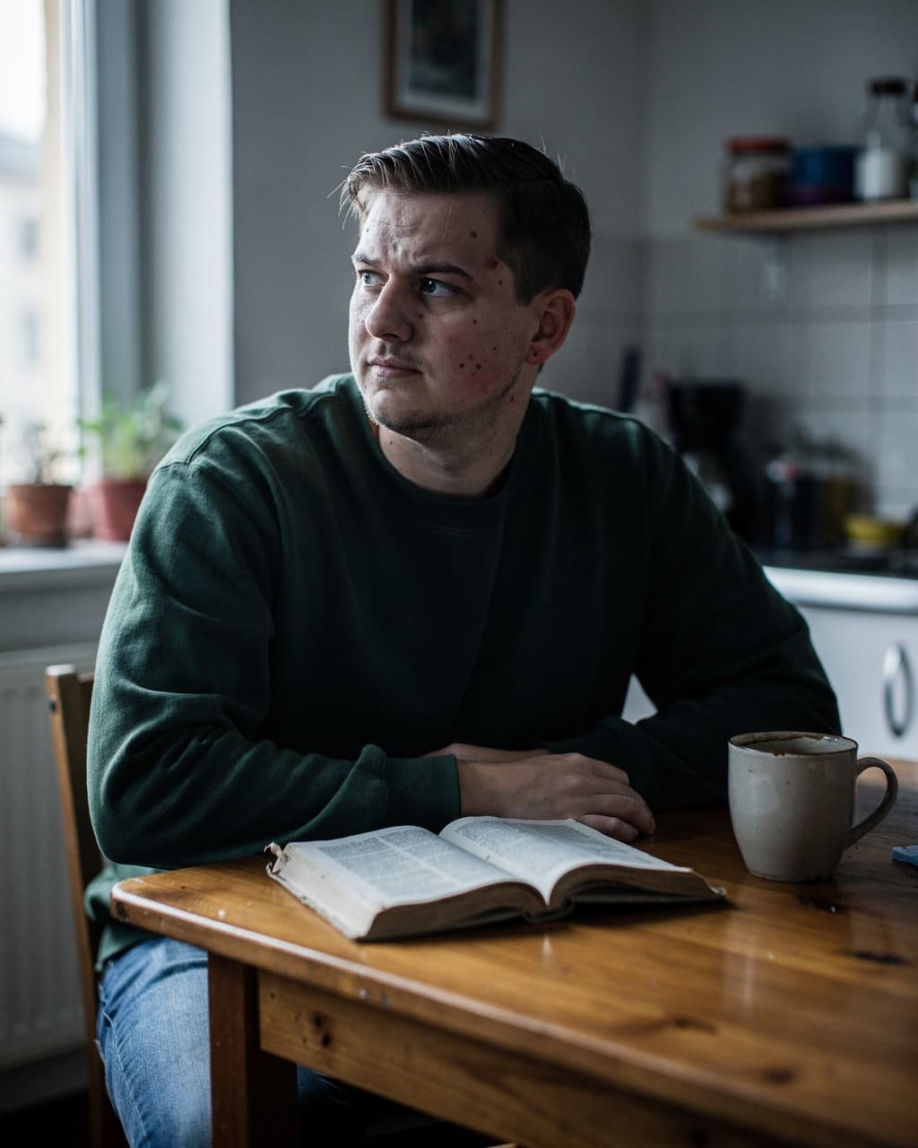 Junger Mann liest bei Tageslicht an einem Küchentisch