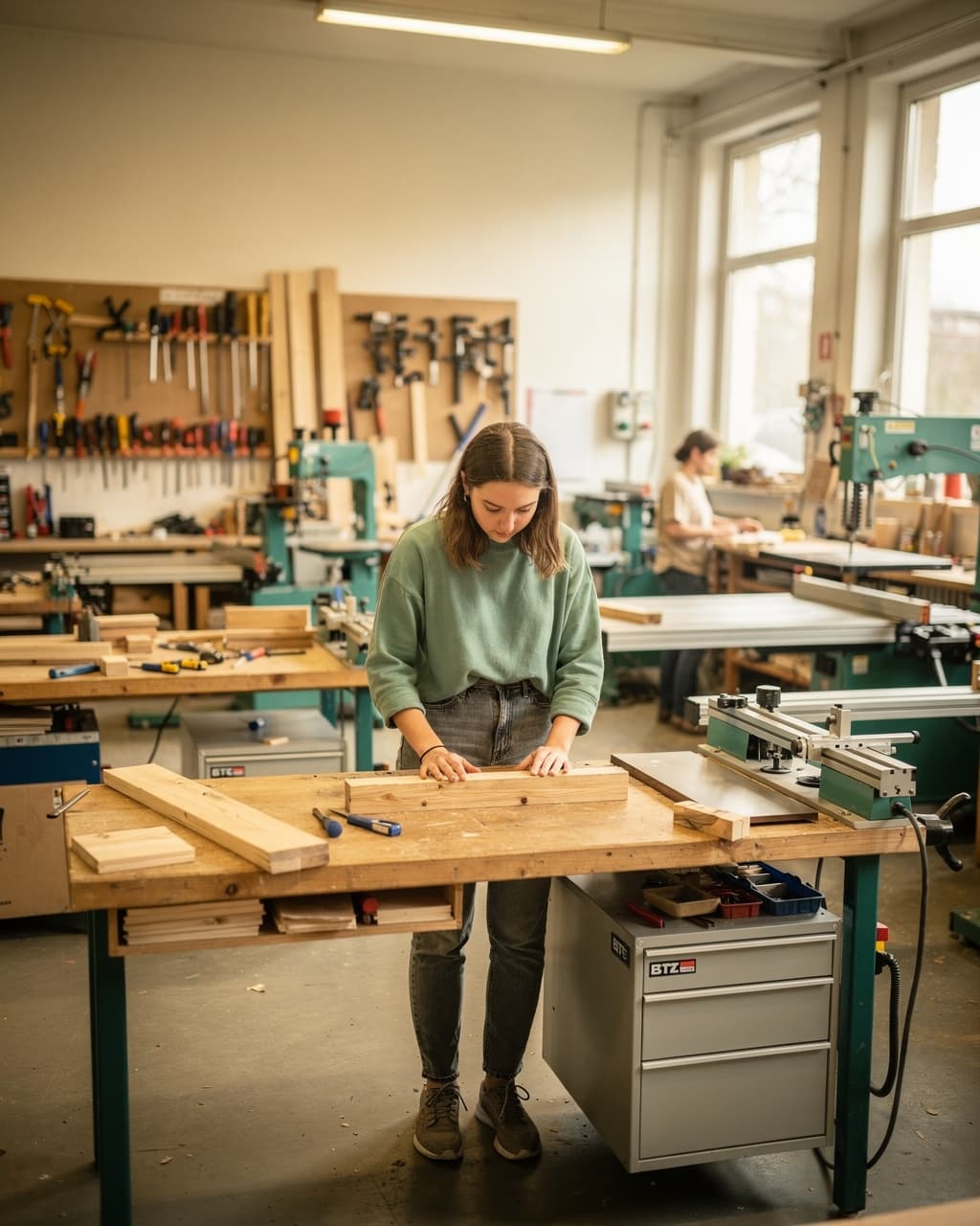 Junge Frau arbeitet an einer Werkbank in einer Holzwerkstatt