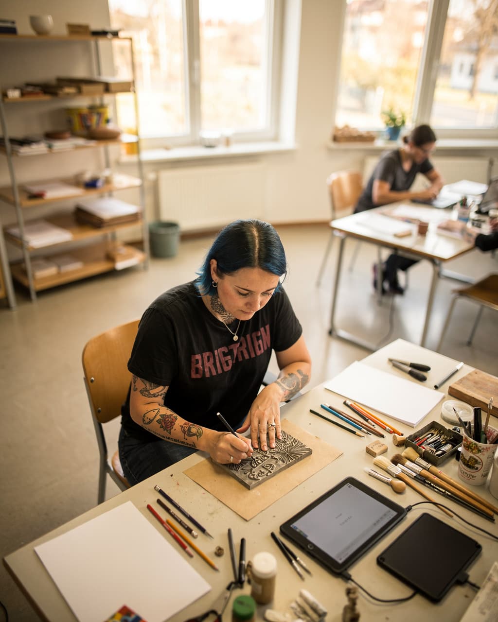 Frau schnitzt eine Druckvorlage an einem Arbeitstisch im Atelier