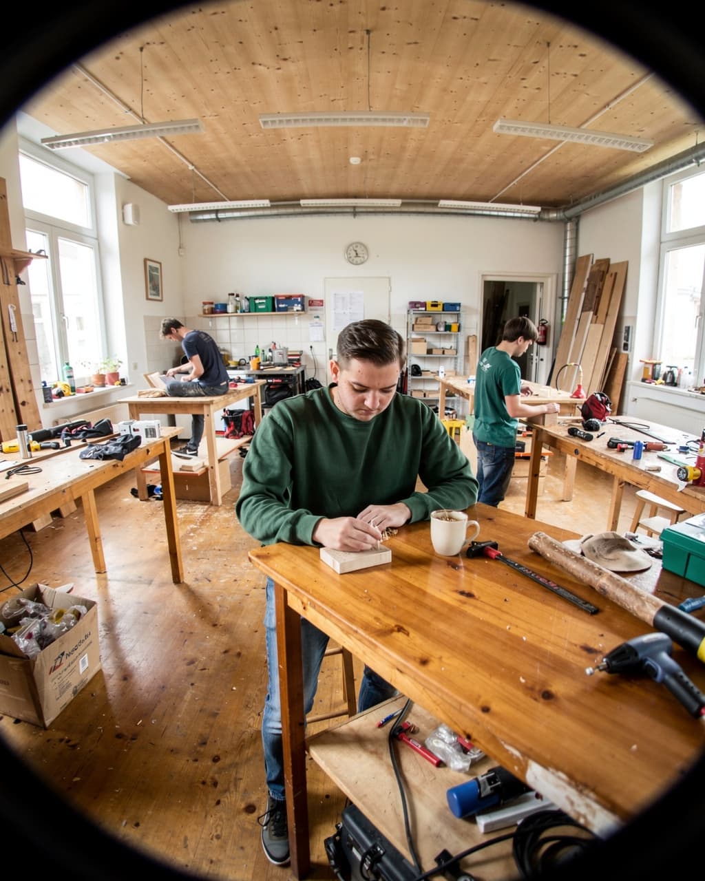 Junger Mann arbeitet konzentriert an einem Werkstück in der Holzwerkstatt
