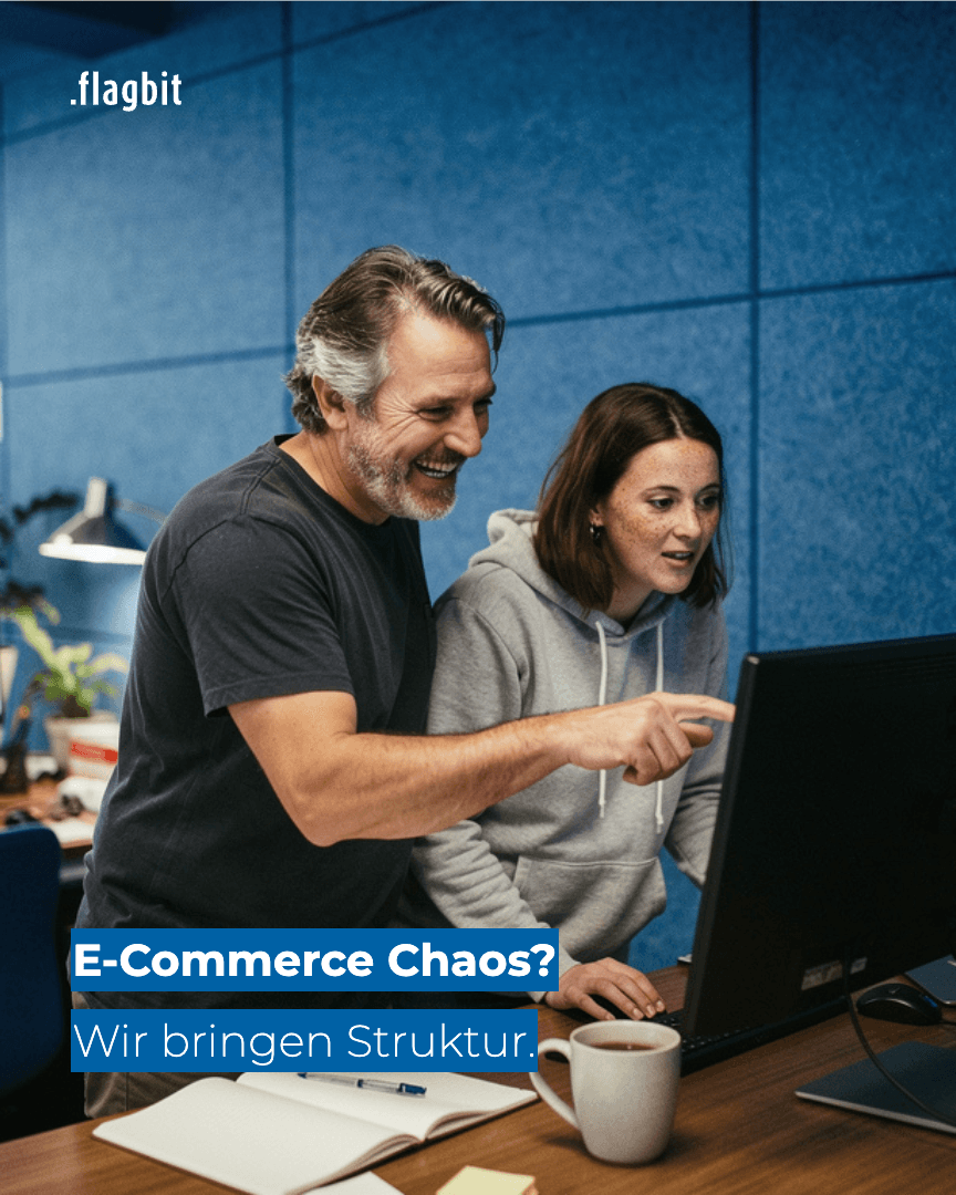 Social-Media-Post „E-Commerce Chaos? Wir bringen Struktur", zwei Personen am Monitor
