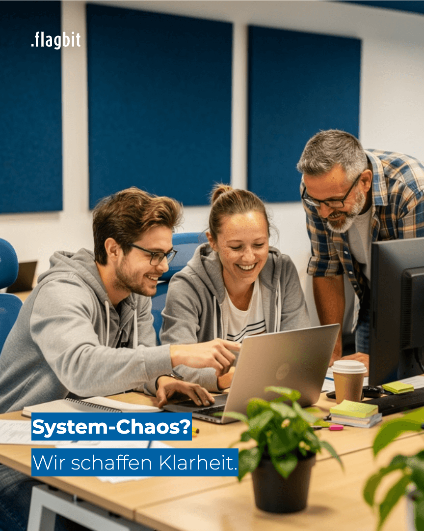 Social-Media-Post „System-Chaos? Wir schaffen Klarheit", lachendes Team am Laptop