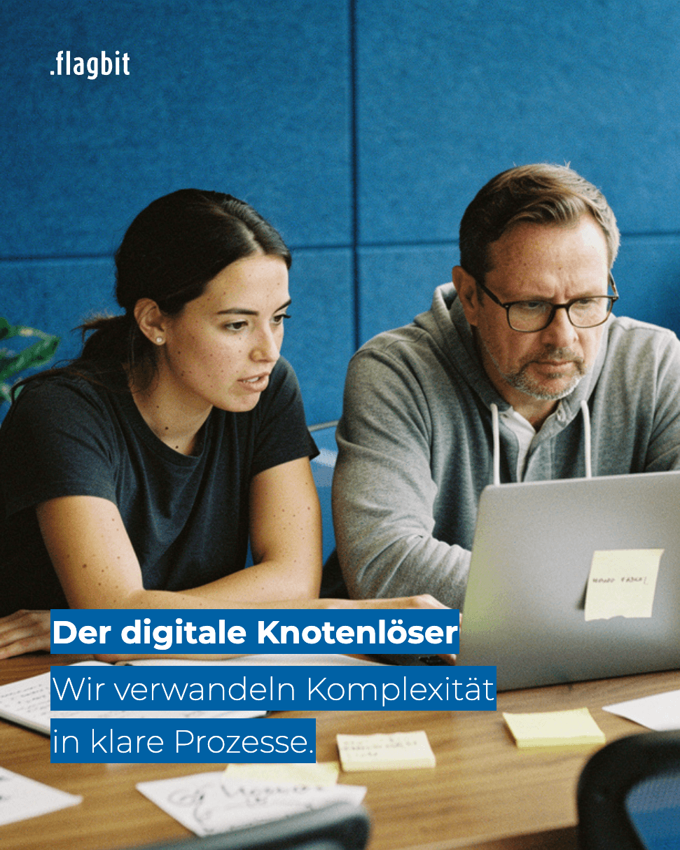 Social-Media-Post „Der digitale Knotenlöser – Wir verwandeln Komplexität in klare Prozesse", zwei Personen am Laptop