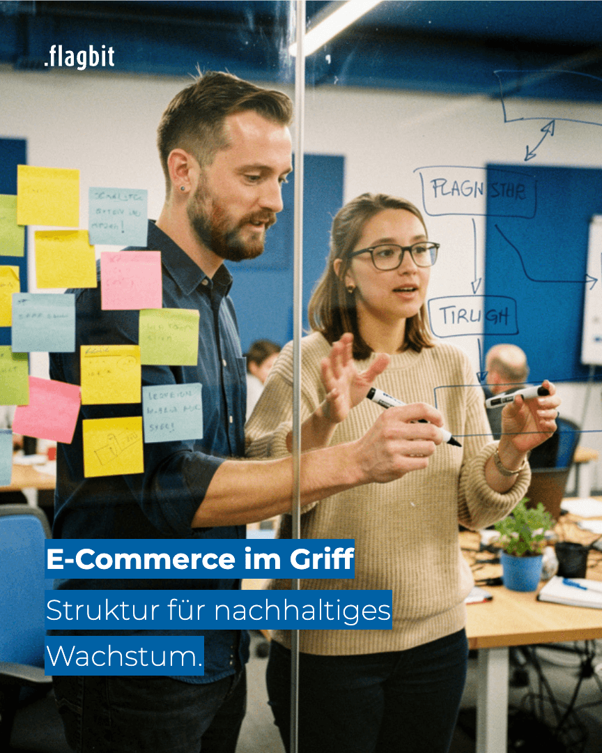 Social-Media-Post „E-Commerce im Griff – Struktur für nachhaltiges Wachstum", zwei Personen an einer Ideenwand